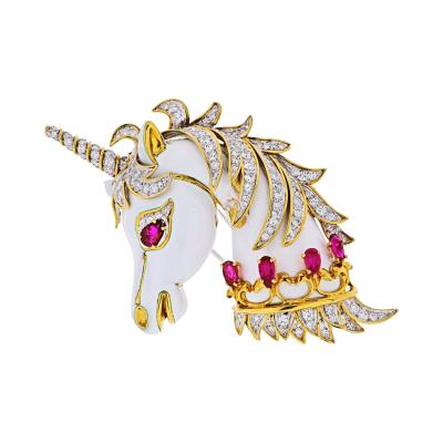 David Webb David Webb Unicorn 18K Yellow Gold White Enamel Diamonds And Rubies Brooch