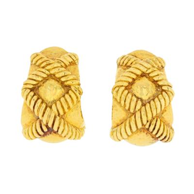 David Webb HAMMERED 18K YELLOW GOLD CRISS CROSS ROPE MOTIF WIDE HOOP CLIP EARRINGS