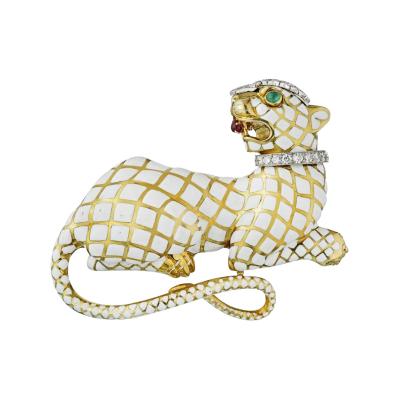 David Webb KINGDOM PLATINUM 18K YELLOW GOLD WHITE ENAMEL PANTHER W DIAMOND COLLAR BROOCH