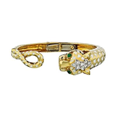 David Webb PANTHERE PLATINUM 18K YELLOW GOLD WHITE ENAMEL DIAMOND BANGLE BRACELET