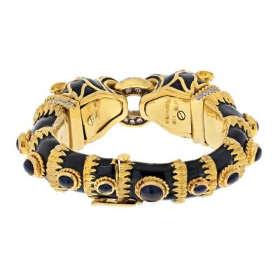 David Webb PLATINUM 14K YELLOW GOLD DOUBLE LION BLACK ENAMEL SAPPHIRE EYES DIAMONDS