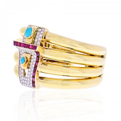 David Webb PLATINUM 18K YELLOW GOLD 1960S DIAMOND RUBY AND TURQUOISE BANGLE BRACELET