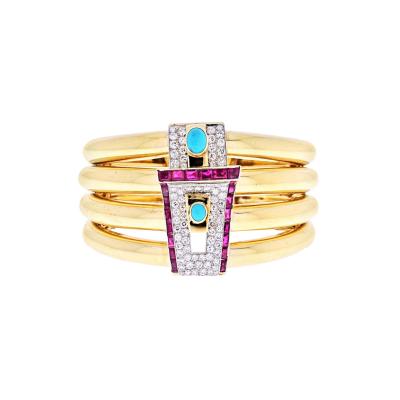 David Webb PLATINUM 18K YELLOW GOLD 1960S DIAMOND RUBY AND TURQUOISE BANGLE BRACELET