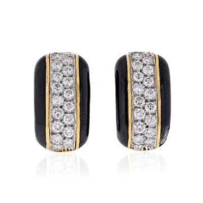 David Webb PLATINUM 18K YELLOW GOLD 2 00 CARAT DIAMOND HUGGIE BLACK ENAMEL EARRINGS