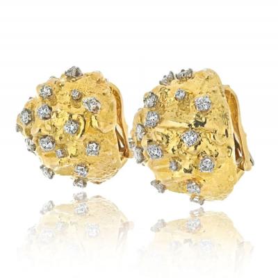 David Webb PLATINUM 18K YELLOW GOLD 3 00CTTW ROUND CUT DIAMOND HAMMERED DOME EARRINGS