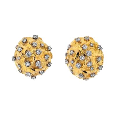 David Webb PLATINUM 18K YELLOW GOLD 3 00CTTW ROUND CUT DIAMOND HAMMERED DOME EARRINGS