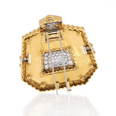 David Webb PLATINUM 18K YELLOW GOLD 8 CARAT DIAMOND AND BLACK ENAMEL PENDANT BROOCH
