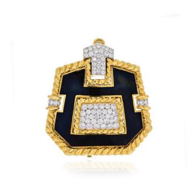 David Webb PLATINUM 18K YELLOW GOLD 8 CARAT DIAMOND AND BLACK ENAMEL PENDANT BROOCH