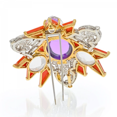 David Webb PLATINUM 18K YELLOW GOLD AMETHYST CORAL AND ROCK CRYSTAL STAR BROOCH