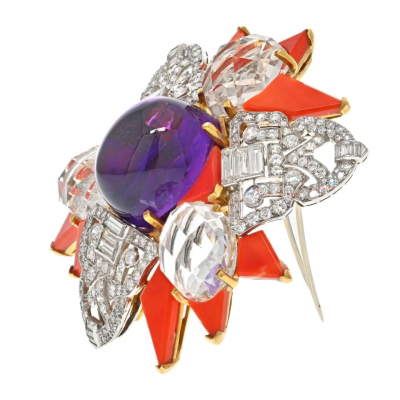 David Webb PLATINUM 18K YELLOW GOLD AMETHYST CORAL AND ROCK CRYSTAL STAR BROOCH