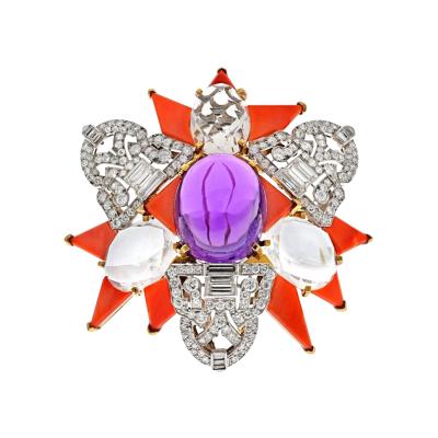 David Webb PLATINUM 18K YELLOW GOLD AMETHYST CORAL AND ROCK CRYSTAL STAR BROOCH
