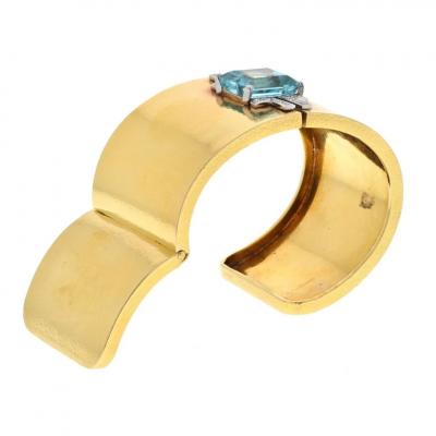David Webb PLATINUM 18K YELLOW GOLD AQUAMARINE AND DIAMOND HINGED CUFF BRACELET