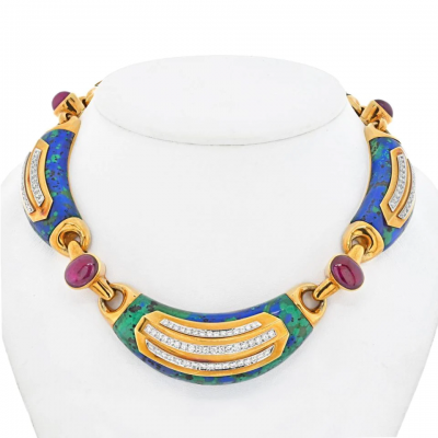David Webb PLATINUM 18K YELLOW GOLD AZURMALACHITE DIAMOND AND RUBY COLLAR NECKLACE