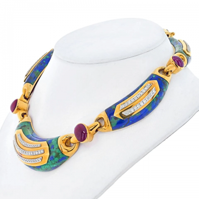 David Webb PLATINUM 18K YELLOW GOLD AZURMALACHITE DIAMOND AND RUBY COLLAR NECKLACE