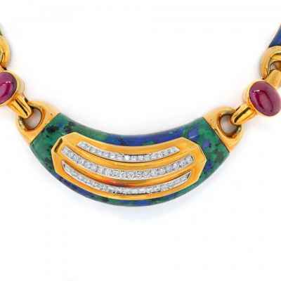 David Webb PLATINUM 18K YELLOW GOLD AZURMALACHITE DIAMOND AND RUBY COLLAR NECKLACE