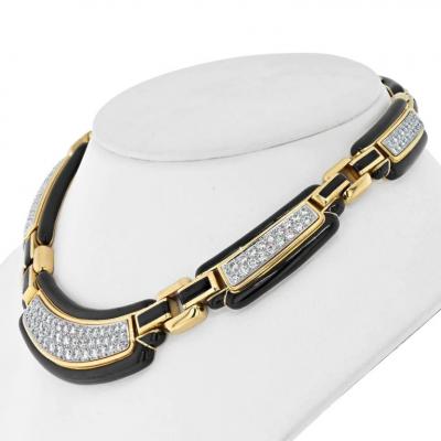 David Webb PLATINUM 18K YELLOW GOLD BLACK ENAMEL DIAMOND COLLAR 9 00CTTW NECKLACE