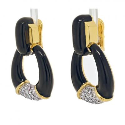 David Webb PLATINUM 18K YELLOW GOLD BLACK ENAMEL DIAMONDS DOOR KNOCKER EARRINGS
