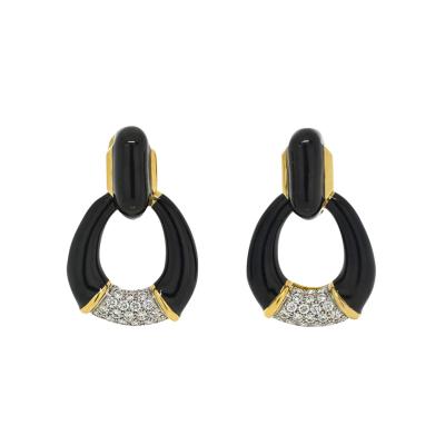 David Webb PLATINUM 18K YELLOW GOLD BLACK ENAMEL DIAMONDS DOOR KNOCKER EARRINGS