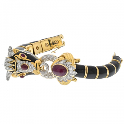 David Webb PLATINUM 18K YELLOW GOLD BLACK ENAMEL RED RUBY DIAMOND BULL BRACELET