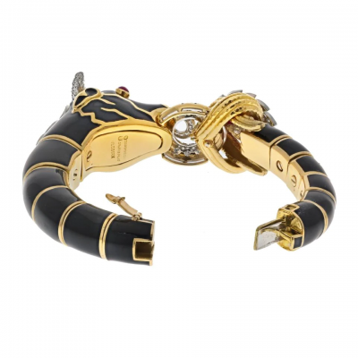 David Webb PLATINUM 18K YELLOW GOLD BLACK ENAMEL RED RUBY DIAMOND BULL BRACELET