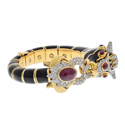 David Webb PLATINUM 18K YELLOW GOLD BLACK ENAMEL RED RUBY DIAMOND BULL BRACELET