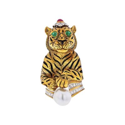 David Webb PLATINUM 18K YELLOW GOLD BLACK STRIPED TIGER WITH EMERALD RUBY PEARL BROOCH