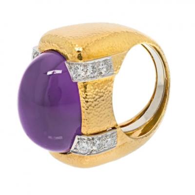 David Webb PLATINUM 18K YELLOW GOLD CABOCHON AMETHYST AND DIAMOND COCKTAIL RING