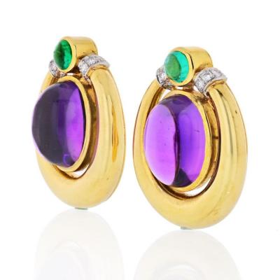 David Webb PLATINUM 18K YELLOW GOLD CABOCHON AMETHYST DIAMOND AND EMERALD EARRINGS
