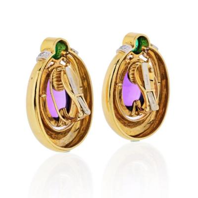 David Webb PLATINUM 18K YELLOW GOLD CABOCHON AMETHYST DIAMOND AND EMERALD EARRINGS