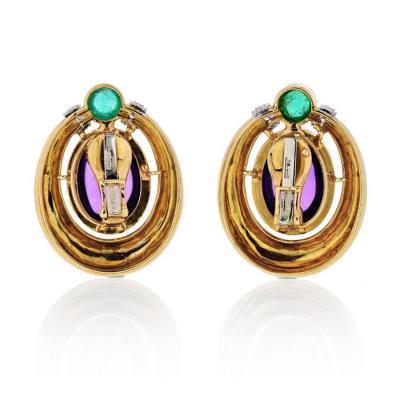 David Webb PLATINUM 18K YELLOW GOLD CABOCHON AMETHYST DIAMOND AND EMERALD EARRINGS