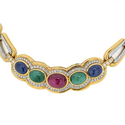 David Webb PLATINUM 18K YELLOW GOLD CABOCHON CUT SAPPHIRE RUBY AND EMERALD NECKLACE