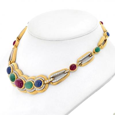 David Webb PLATINUM 18K YELLOW GOLD CABOCHON CUT SAPPHIRE RUBY AND EMERALD NECKLACE