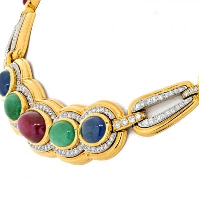 David Webb PLATINUM 18K YELLOW GOLD CABOCHON CUT SAPPHIRE RUBY AND EMERALD NECKLACE