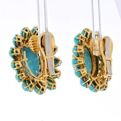 David Webb PLATINUM 18K YELLOW GOLD CABOCHON CUT TURQUOISE FLOWER CLIP ON EARRINGS