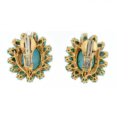 David Webb PLATINUM 18K YELLOW GOLD CABOCHON CUT TURQUOISE FLOWER CLIP ON EARRINGS