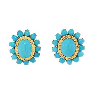 David Webb PLATINUM 18K YELLOW GOLD CABOCHON CUT TURQUOISE FLOWER CLIP ON EARRINGS