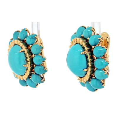 David Webb PLATINUM 18K YELLOW GOLD CABOCHON CUT TURQUOISE FLOWER CORAL CLIP ON EARRINGS