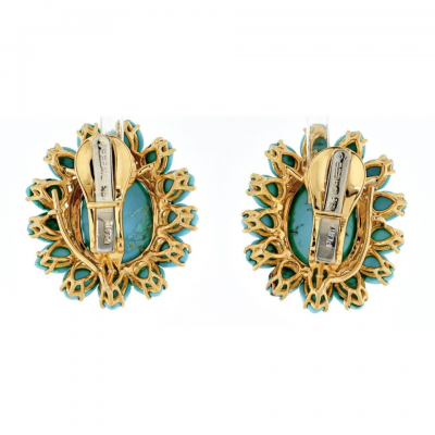 David Webb PLATINUM 18K YELLOW GOLD CABOCHON CUT TURQUOISE FLOWER CORAL CLIP ON EARRINGS