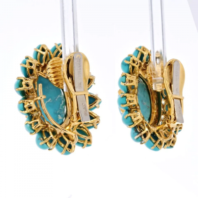 David Webb PLATINUM 18K YELLOW GOLD CABOCHON CUT TURQUOISE FLOWER CORAL CLIP ON EARRINGS