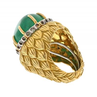 David Webb PLATINUM 18K YELLOW GOLD CABOCHON GREEN EMERALD AND DIAMOND TEXTURED RING