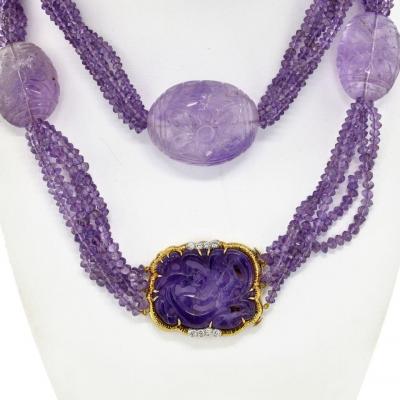 David Webb PLATINUM 18K YELLOW GOLD CARVED AMETHYST MULTI STRAND LAVENDER BEAD NECKLACE