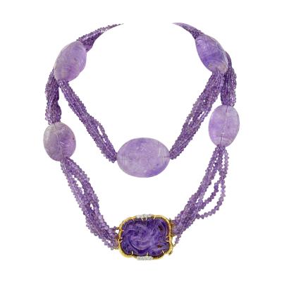 David Webb PLATINUM 18K YELLOW GOLD CARVED AMETHYST MULTI STRAND LAVENDER BEAD NECKLACE