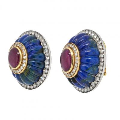 David Webb PLATINUM 18K YELLOW GOLD CARVED AZURMALACHITE DIAMOND RUBY CLIP EARRINGS