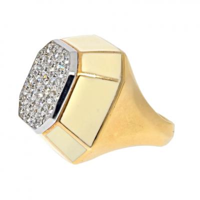 David Webb PLATINUM 18K YELLOW GOLD DIAMOND OCTAGON CLUSTER COCKTAIL CREAM ENAMEL RING