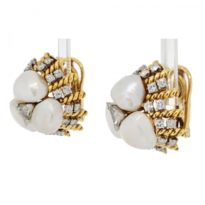 David Webb PLATINUM 18K YELLOW GOLD DIAMOND PEARL DOME STYLE CLIP ON EARRINGS