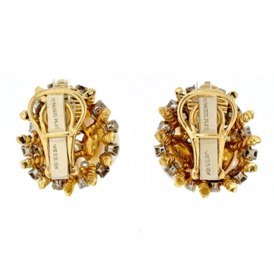 David Webb PLATINUM 18K YELLOW GOLD DIAMOND PEARL DOME STYLE CLIP ON EARRINGS
