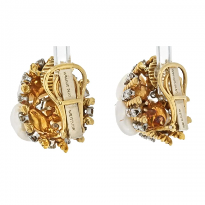 David Webb PLATINUM 18K YELLOW GOLD DIAMOND PEARL DOME STYLE CLIP ON EARRINGS