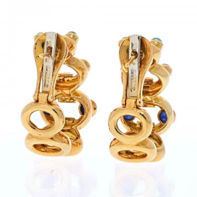 David Webb PLATINUM 18K YELLOW GOLD DIAMOND SAPPHIRE EMERALD AND RUBY HOOP EARRINGS