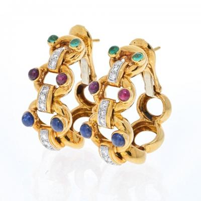David Webb PLATINUM 18K YELLOW GOLD DIAMOND SAPPHIRE EMERALD AND RUBY HOOP EARRINGS
