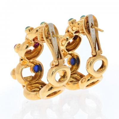 David Webb PLATINUM 18K YELLOW GOLD DIAMOND SAPPHIRE EMERALD AND RUBY HOOP EARRINGS